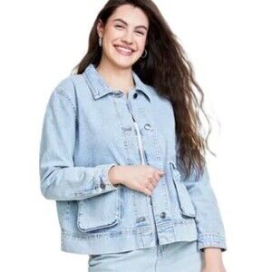 Macys On 34th Womens LARGE Boxy Denim Chore Jacket Medium Wash Flap Patch Pocket